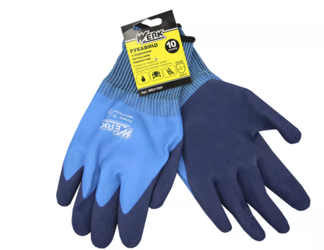 (WE2155H) Рукавички ПЕ блакитні з подвійним латексним покриттям WERK з підв.